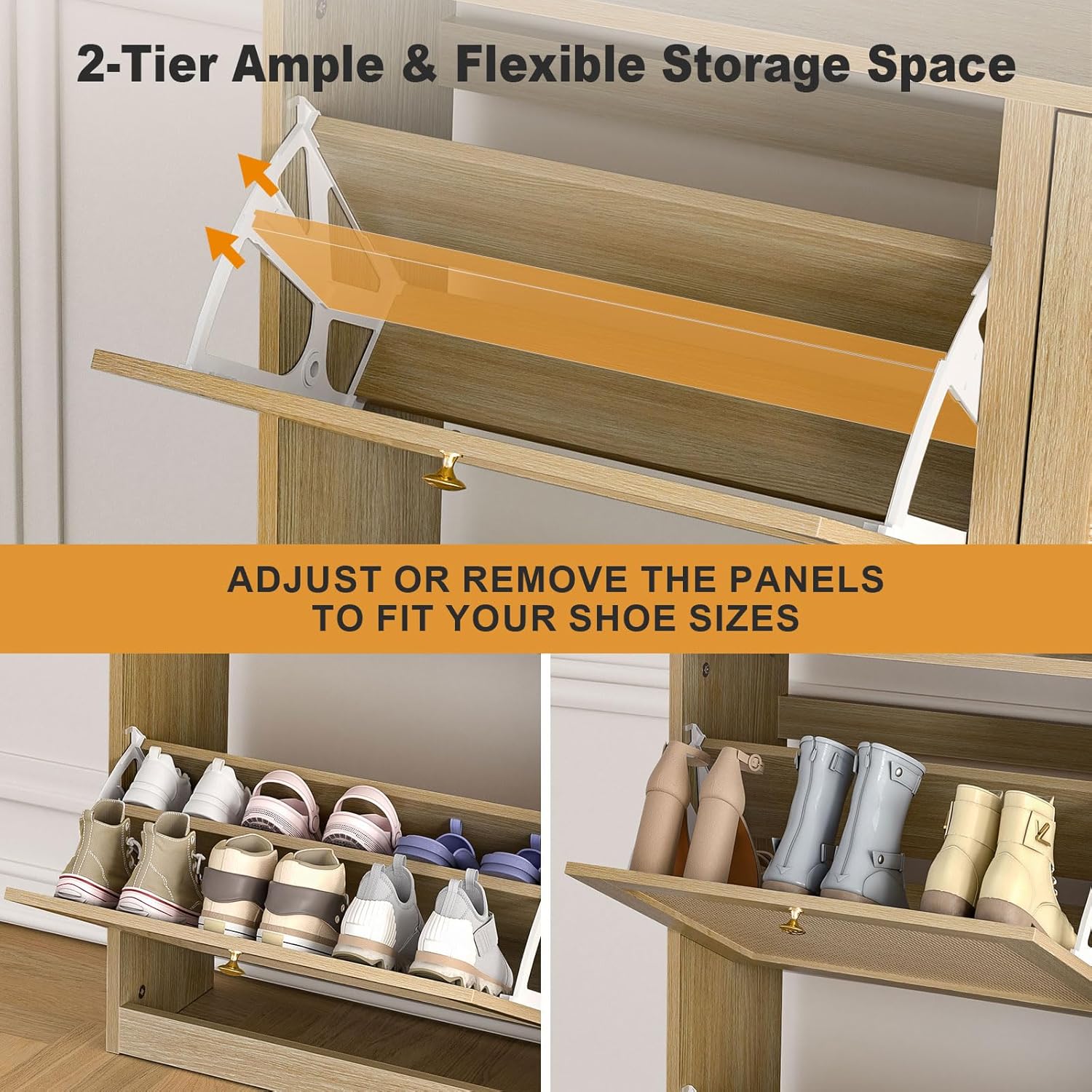 Meuble à Chaussures et Rotin avec 4 Abattants, Armoire à Chaussures pour 16 à 24 Paires avec étagère réglable, Grande Capacité pour Couloir, Entrée, Antidumping,102 x 23 x 84 cm, Chêne YX5193221