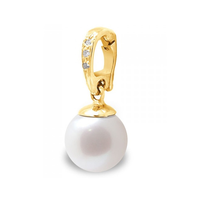 Pendentif Perle de Culture d'eau douce Blanche, Diamants et Or Jaune 375/1000