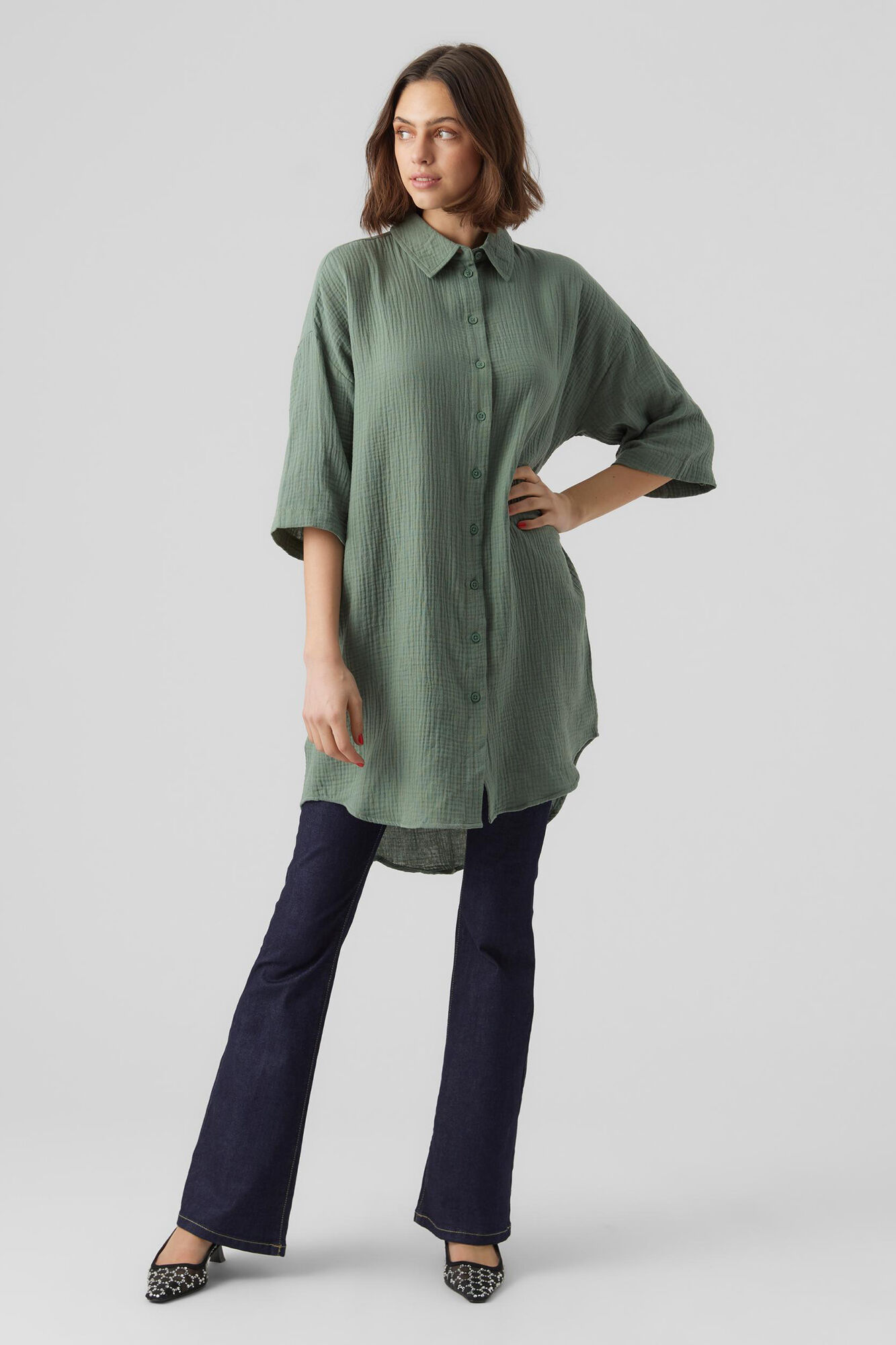 Vestido camisa com mangas três-quartos - Verde