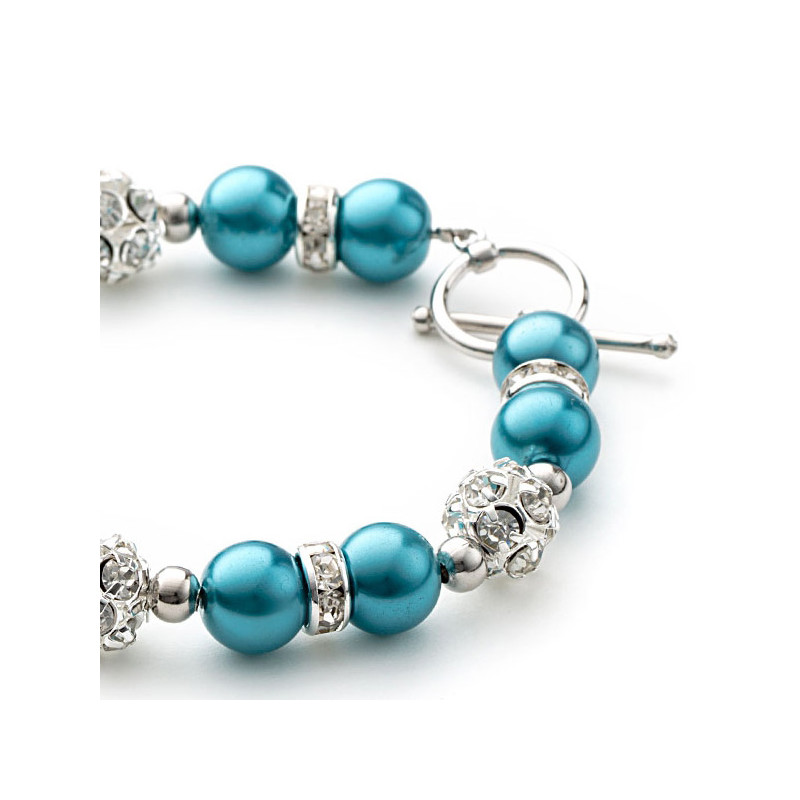 Parure Bracelet et Boucles d'oreilles Perles Bleues, Cristal et Plaqué Rhodium