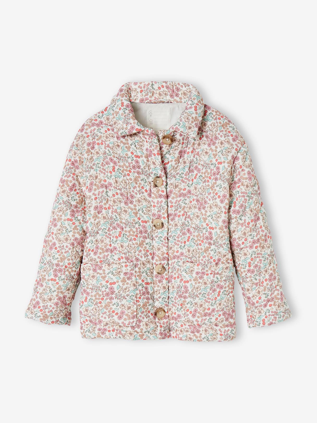 Jaqueta acolchoada off-white com estampa floral para meninas