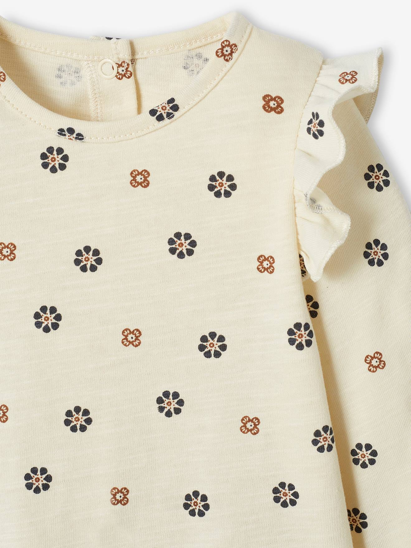 Camiseta infantil com estampa floral e babado, cor off-white
