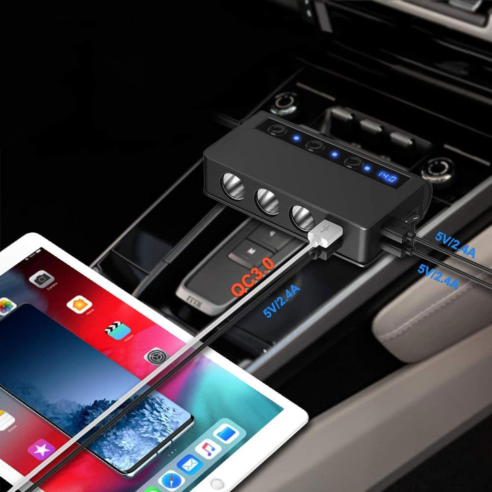 (180W) 3-fach Auto Ladegerät Switch Verteiler Schnellladeadapter für Zigarettenanzünder   4x USB Anschluss - Schwarz