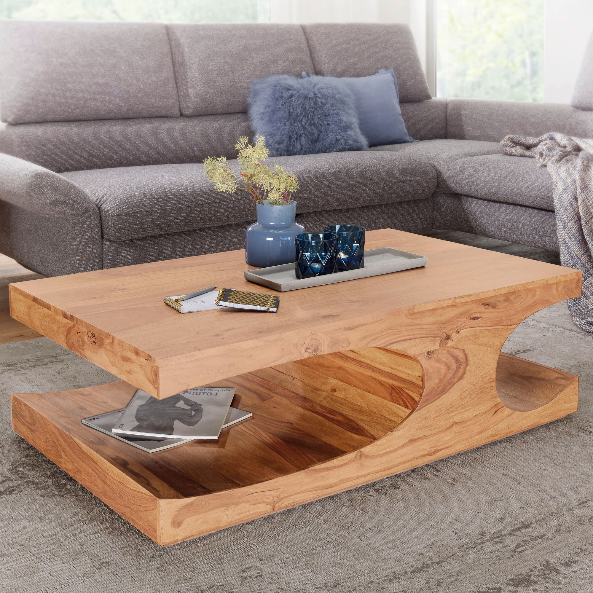 KADIMA DESIGN Couchtisch TEKO Massivholz: 2 Ablagefächer, 118x38x70 cm, handgefertigt, pflegeleicht