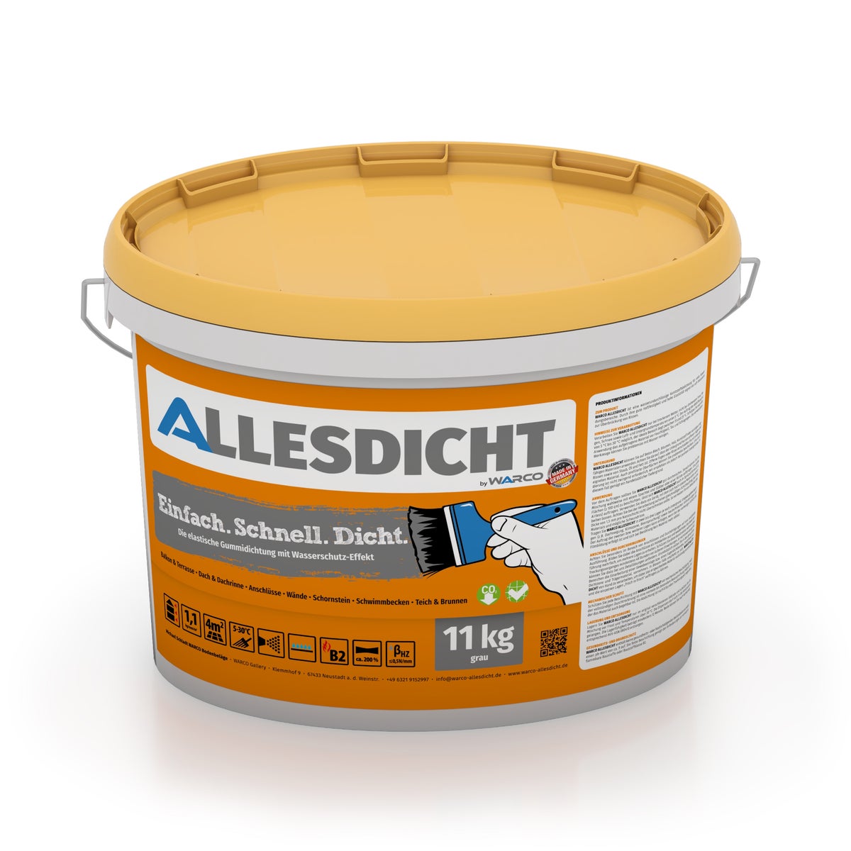ALLESDICHT 11 kg grijs | Dakafdichting, balkonafdichting, universele afdichting | op waterbasis, oplosmiddelvrij, bitumenvrij | kwastbaar, spuitbaar, spatelbaar | extreem elastische diklaagafdichting met scheuroverbrugging | WARCO