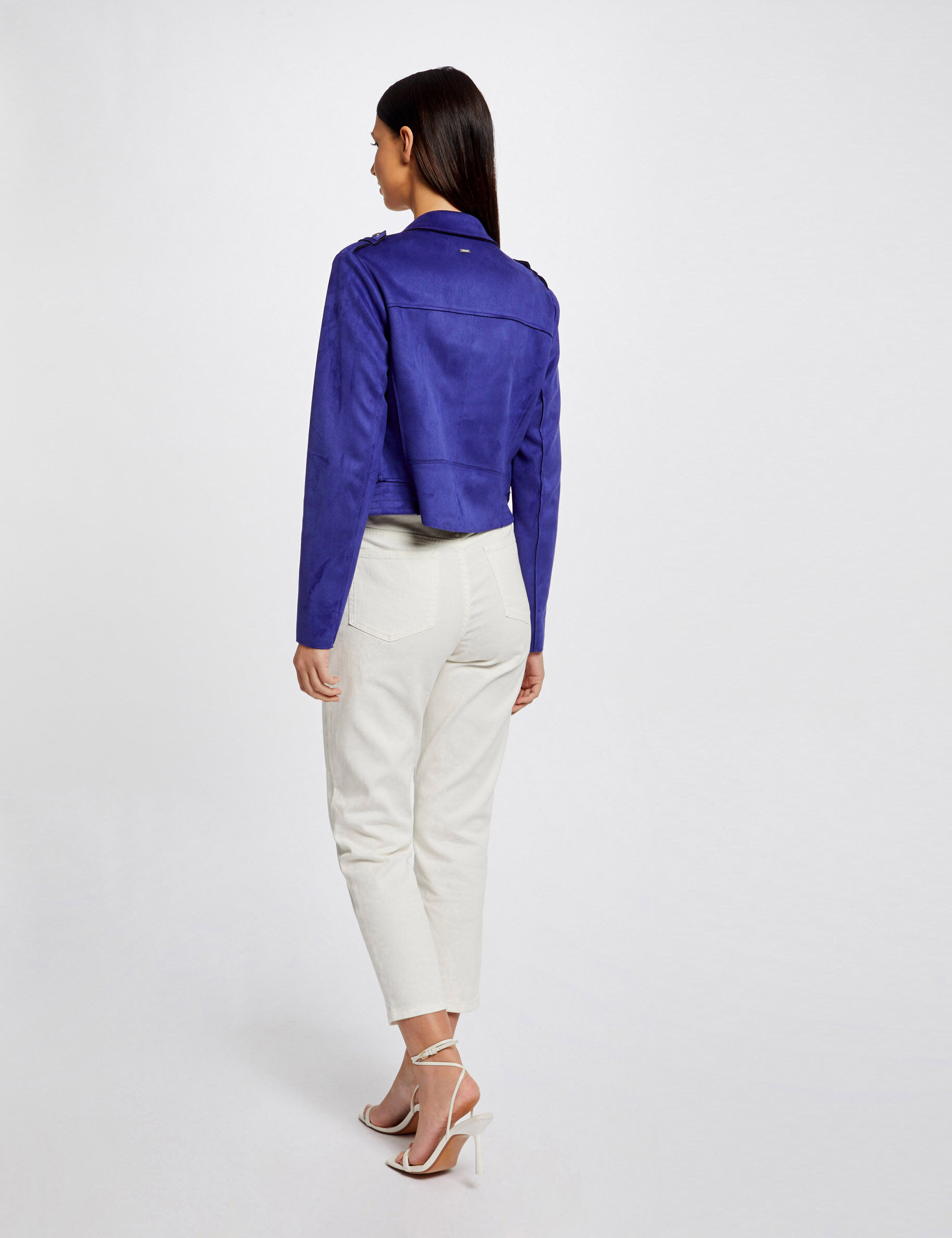 Blouson droit aspect suédine bleu moyen femme - bleu_moyen