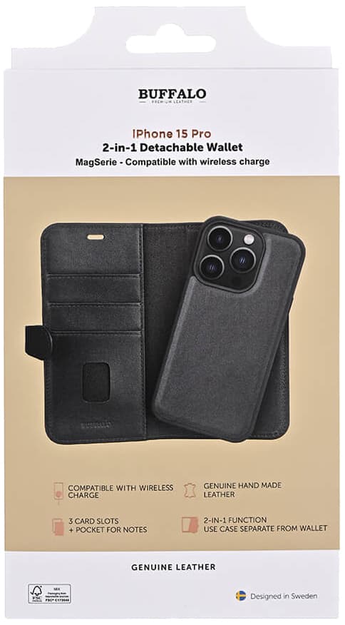 Buffalo iPhone 15 Pro 2in1 Leather MagSeries pungetui (sort)