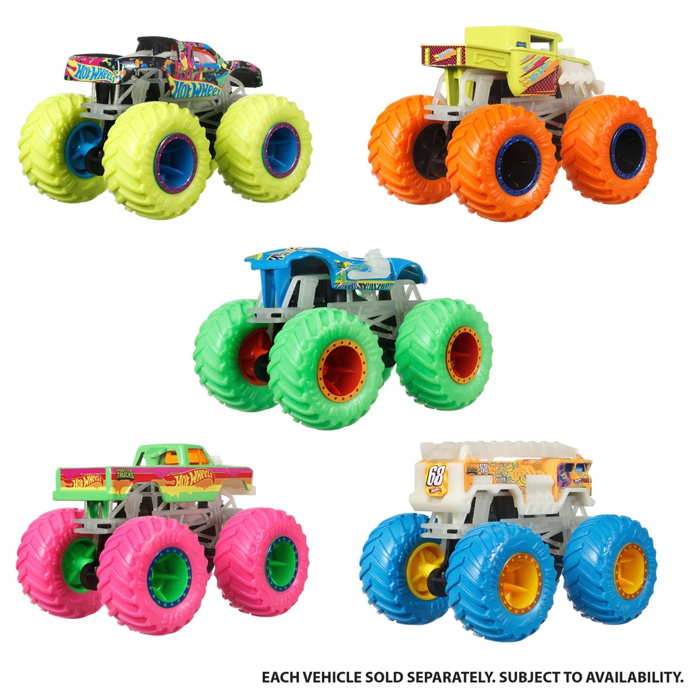 Hot Wheels Monster Trucks, leuchtend im Dunkeln, Spielzeug-LKW-Sortiment im Maßstab 1:64