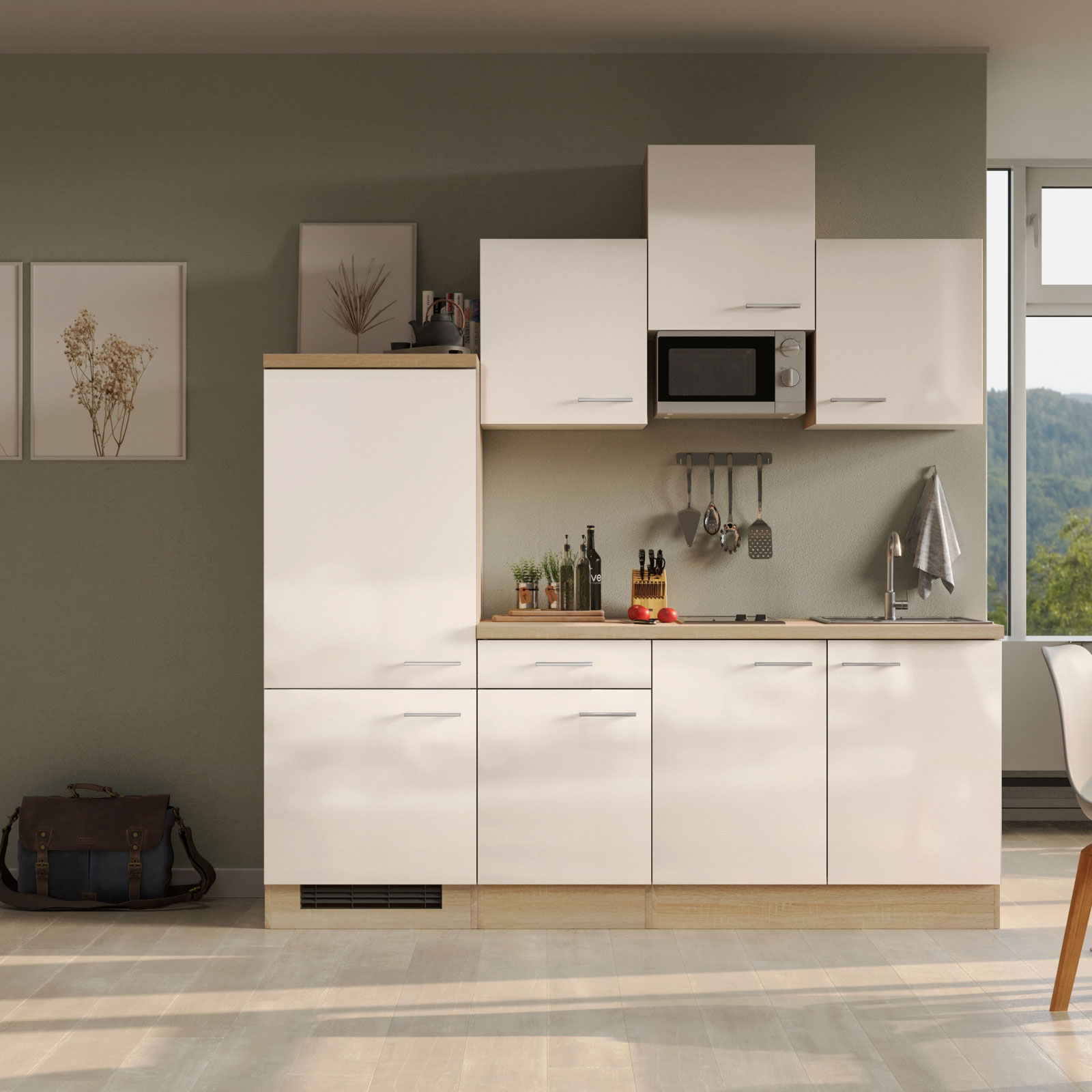 Küchenblock NEPAL - Kaschmir Glanz-Sonoma Eiche - mit E-Geräten - 210 cm