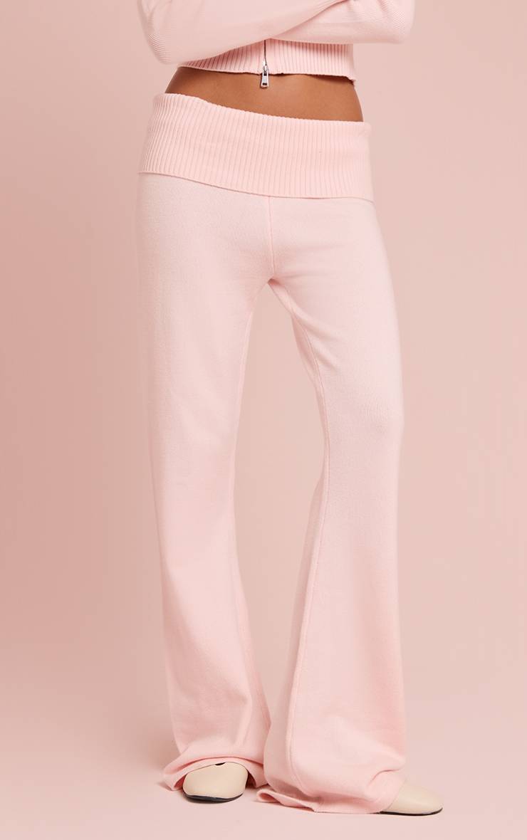 Rose Pantalon Évasé En Maille Avec Taille Repliable Douce