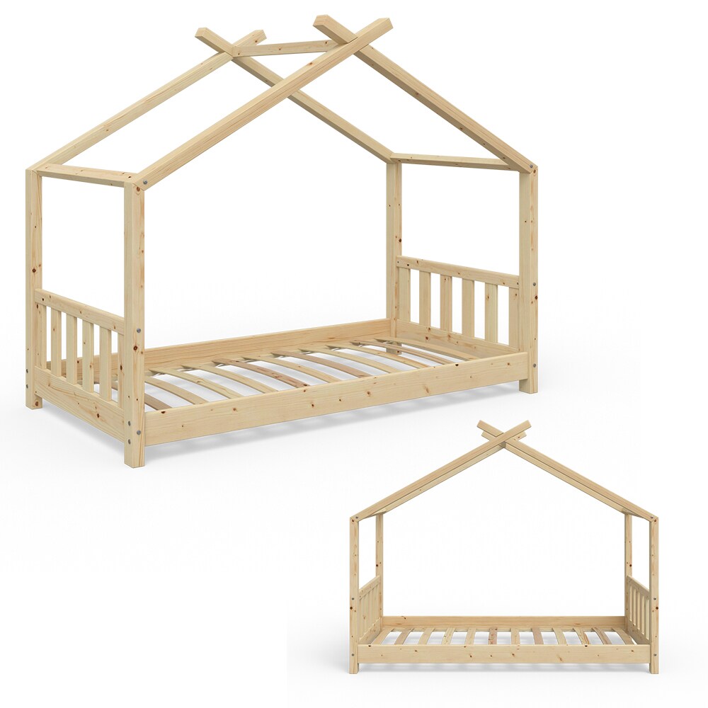 VITALISPA Kinderbett Hausbett DESIGN 80x160cm Natur Zaun Kinder Holz Haus Hausbett