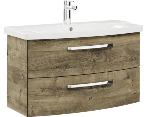 Pelipal Serie 4010 badkamermeubelset, afmetingen (B x H x D): 84 x 200 x 45 cm, fronten in eikenlook, Ribbeck 4-delige badkamermeubelset inclusief wastafel en spiegelkast met LED-verlichting
