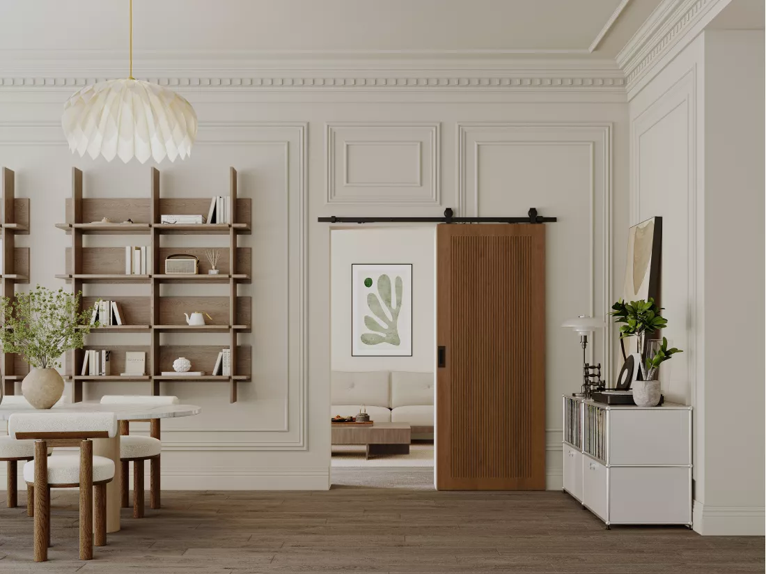 Porte coulissante avec système en applique en MDF et bois - naturel foncé - H205 x L83 cm - SANDORA