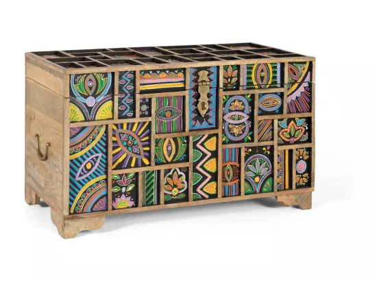 Coffre en bois de manguier multicolore peint à la main