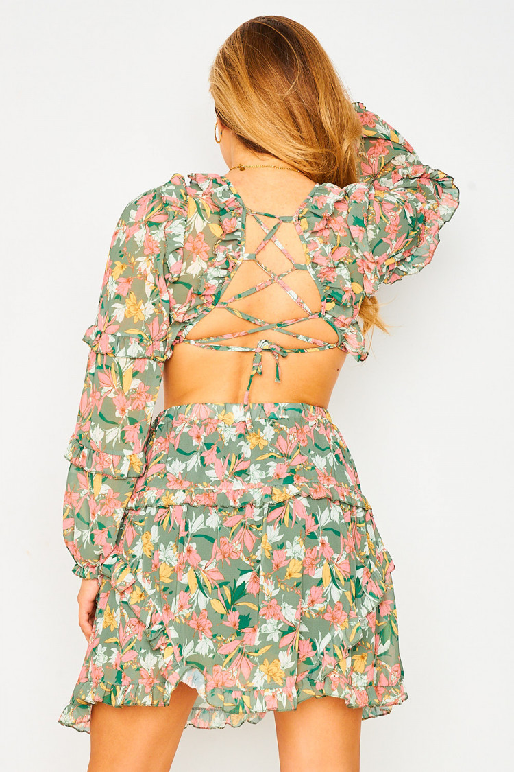 Ensemble 2 pièces crop top + jupe kaki à fleurs