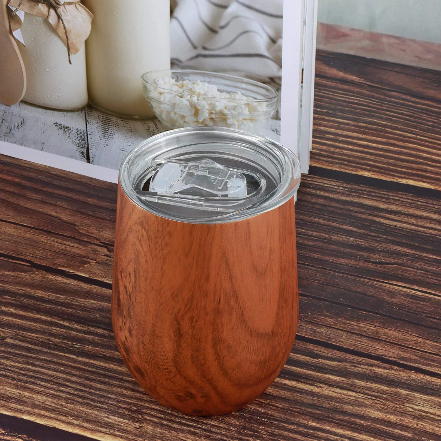 (350ml) Yerba Mate Tee Edelstahl Becher Cup mit Deckel im Holz Look - Dunkelbraun