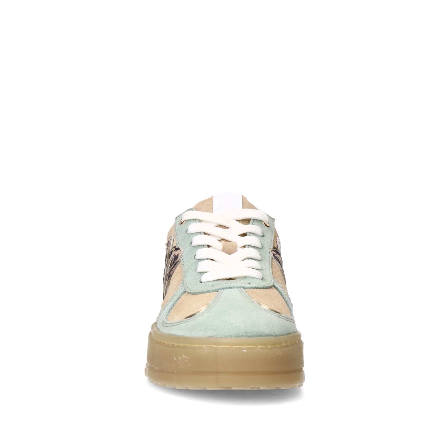 Beige suède sneakers met mint groene details