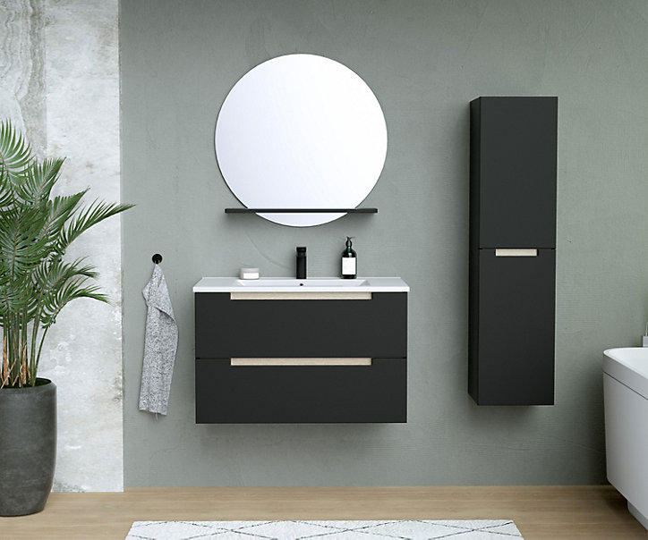 Ensemble meuble de salle de bains à suspendre l.80 cm noir mat avec plan vasque céramique + miroir, Prizo
