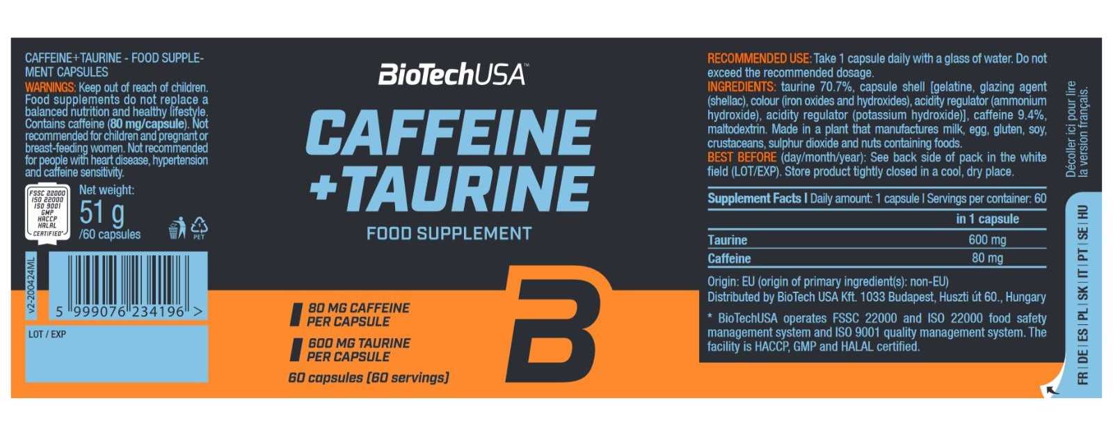 Biotech USA Cafeína + Taurina 60 cápsulas