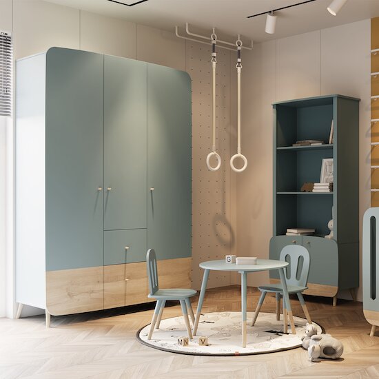 Firmiana Armoire 3 Portes + 4 Tiroirs   Bleu Orage / Bois Naturel        de               CBA Meubles