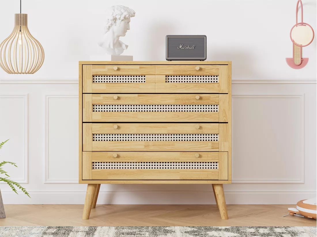 Commode avec 3 tiroirs et 1 compartiment abattant - en bois et rotin - Naturel