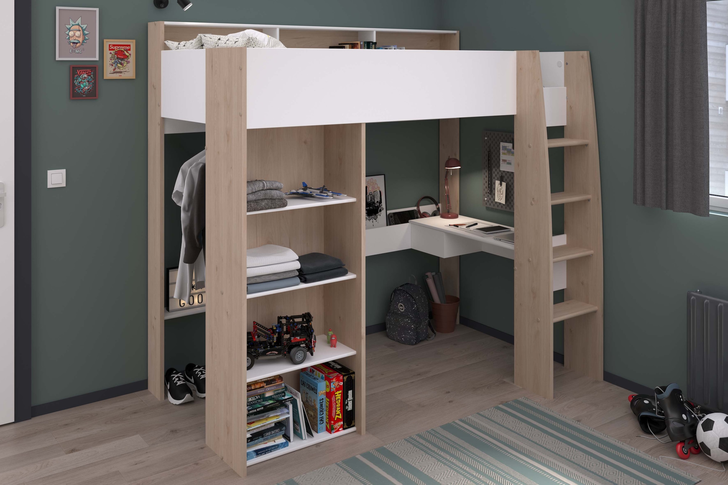 Parisot Hochbett »Shelter 11« 1 Stk. tlg. integrierter Schreibtisch, Leiter, Regal, Kleiderstange, Ablagen