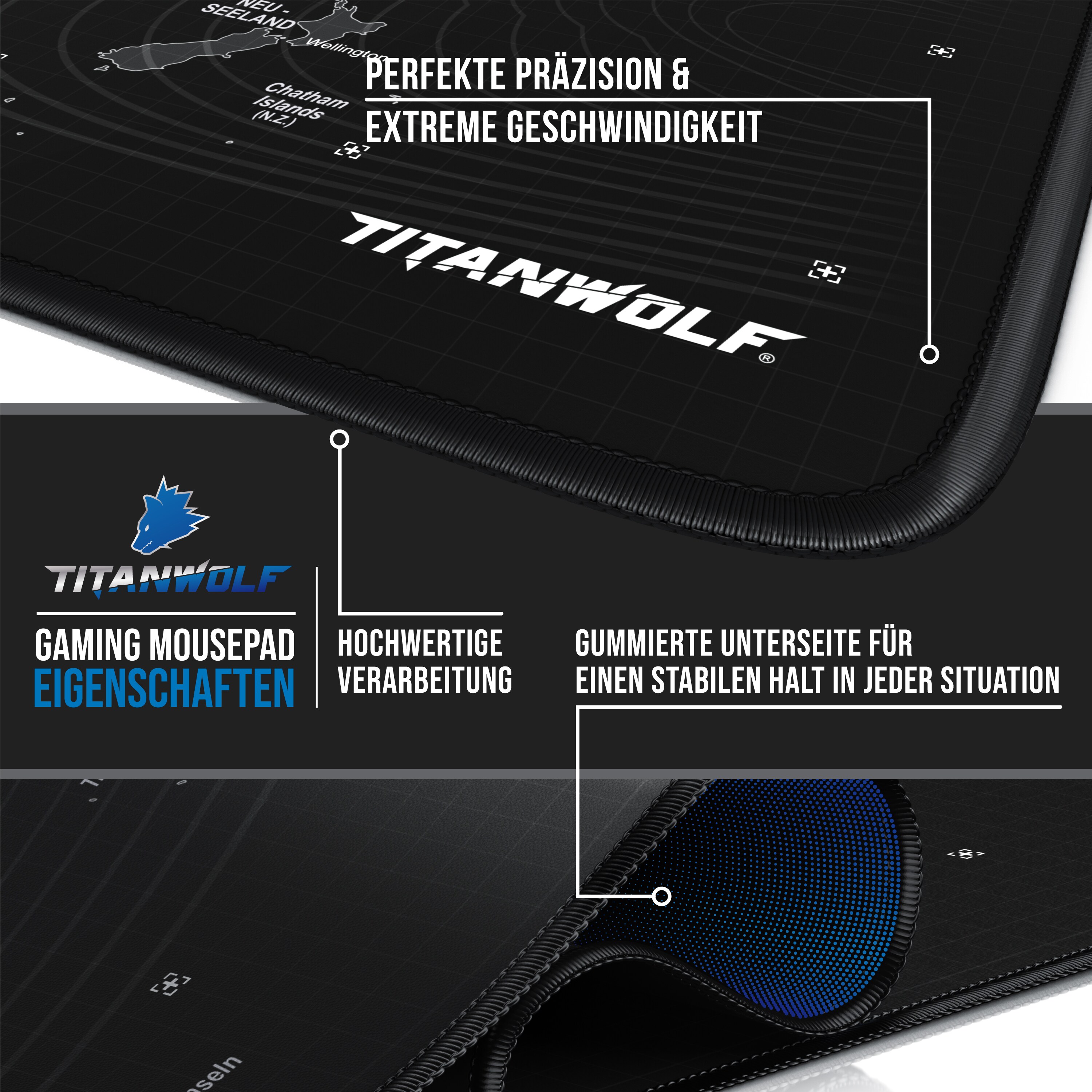 Titanwolf Gaming Mauspad XXL, glattes Stoffgewebe, Speed Mousepad 900 x 400mm große Fläche, Weltkarte deutsch