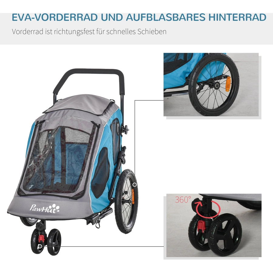 PawHut Fahrradanhänger für Hunde blau, grau, schwarz