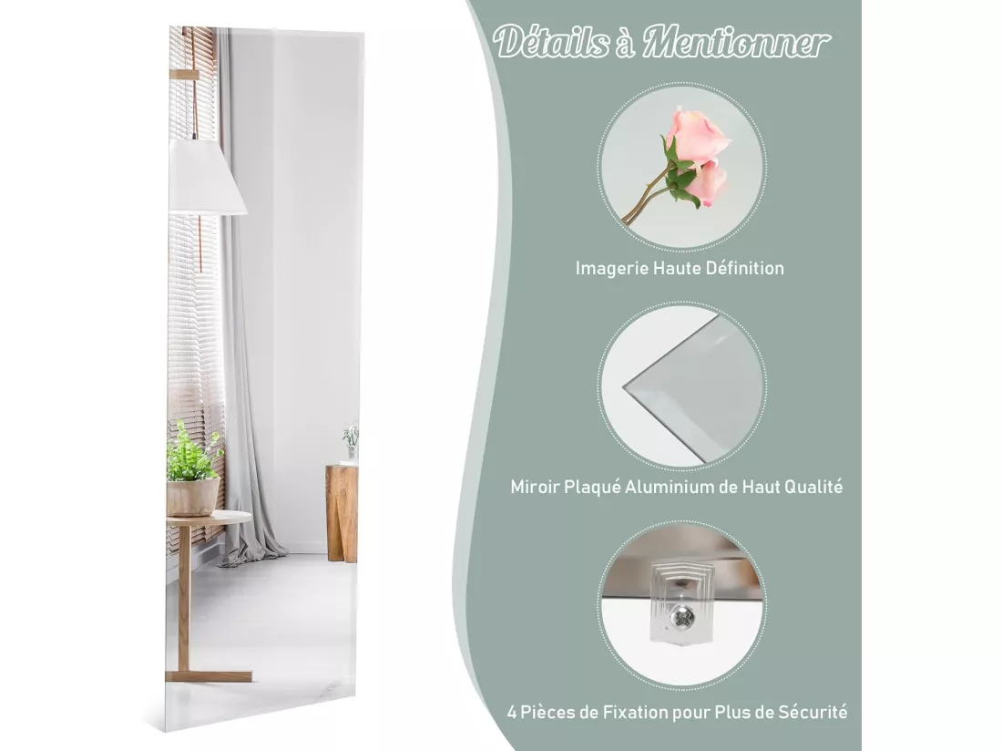 Grand Miroir Mural 110 x 38 cm, Rectangulaire Pleine Longueur avec Bord Biseauté Vertical ou Horizontal