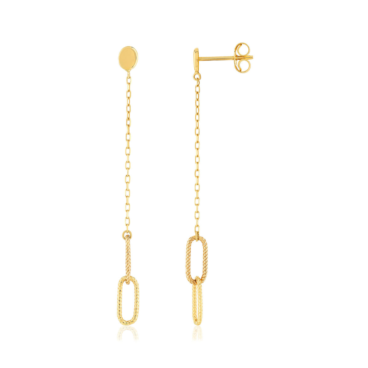 Boucles d'oreilles pendantes or jaune 375. Motif chaine double maillon