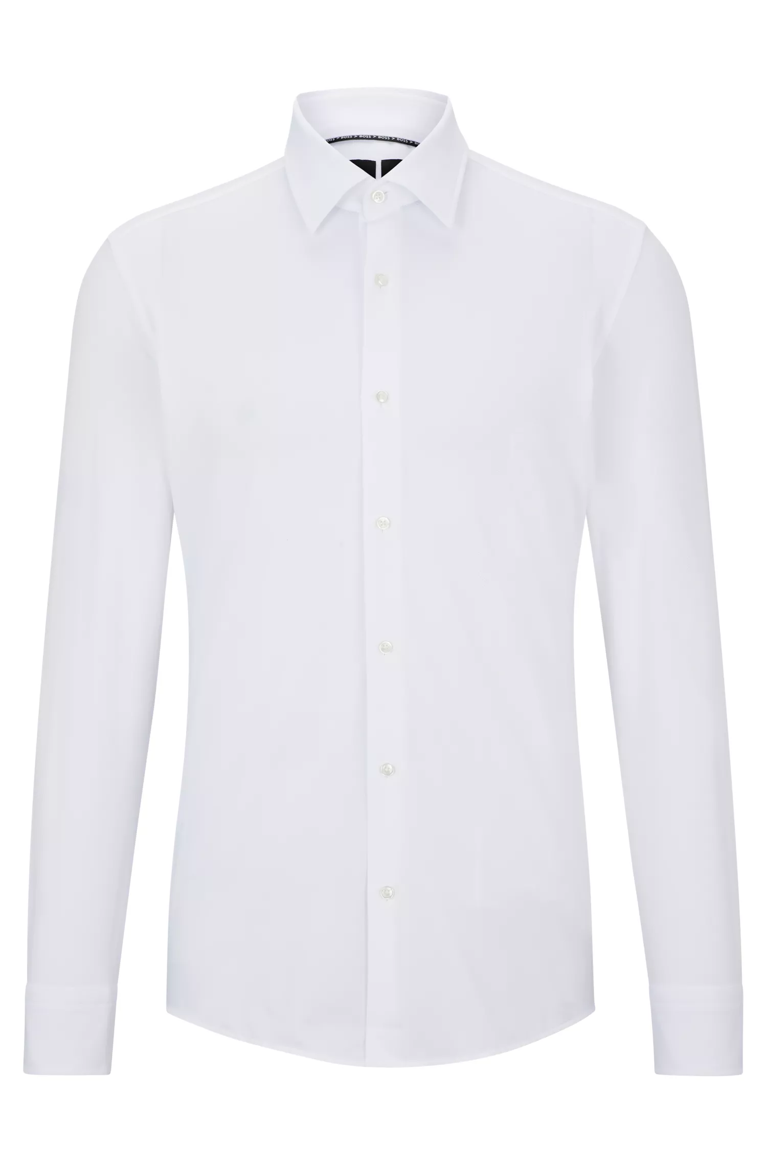 Camisa BOSS preta de corte slim em malha micro-dobby de alta performance com elasticidade.