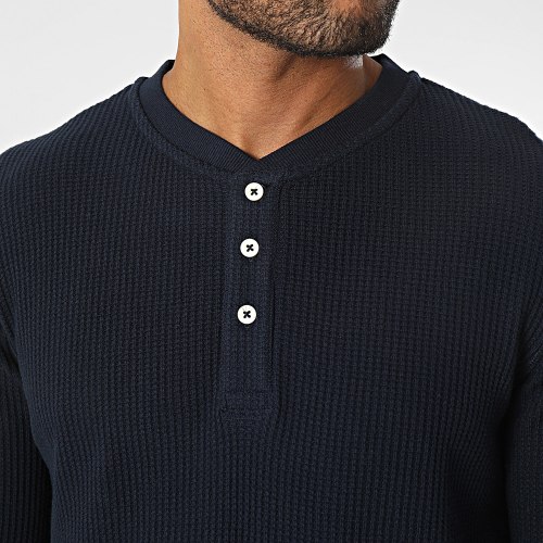 Tee Shirt Manches Longues Col V Nolan Henley Bleu Marine