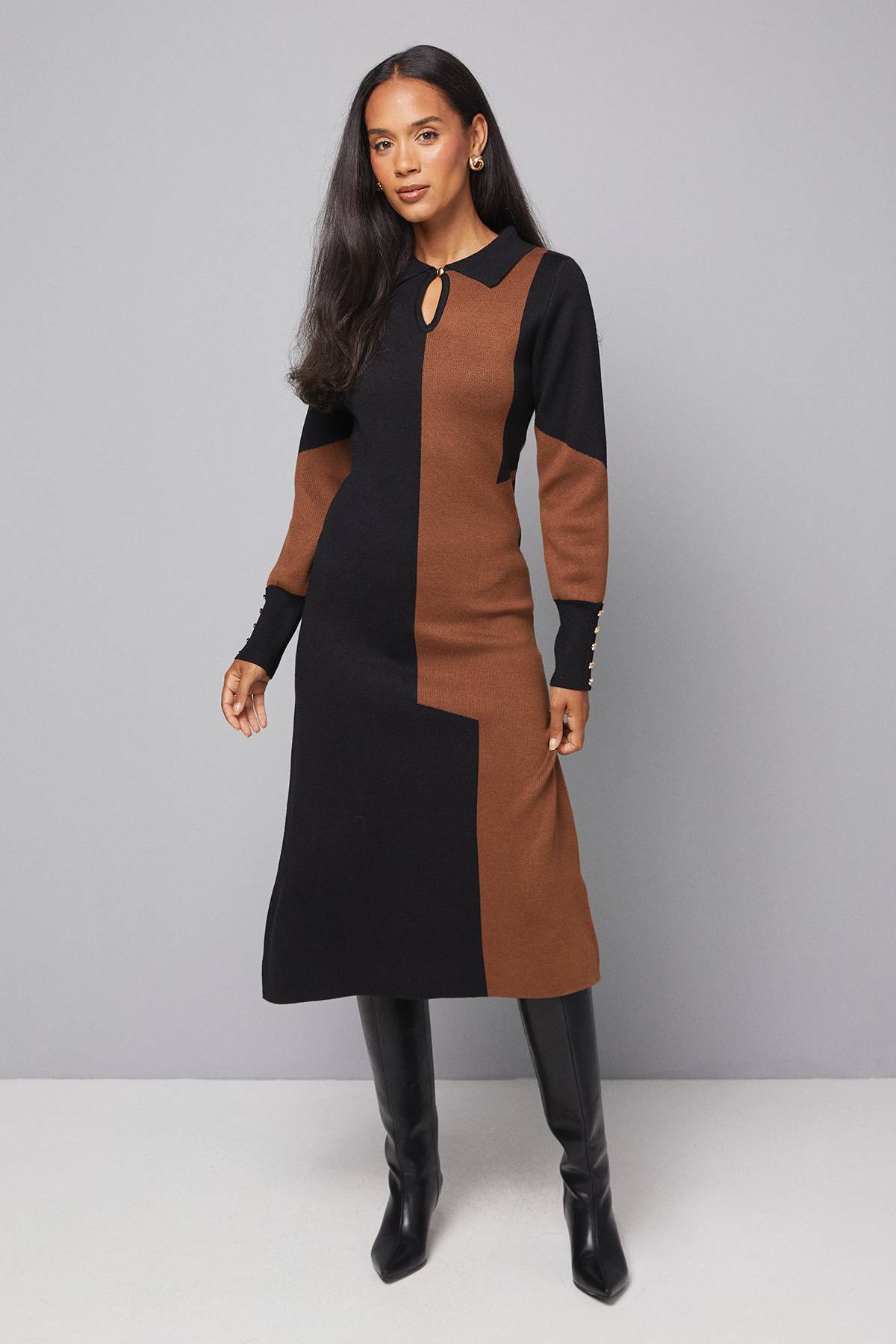 Wallis Robe Tricotée à Col et Blocs de Couleurs