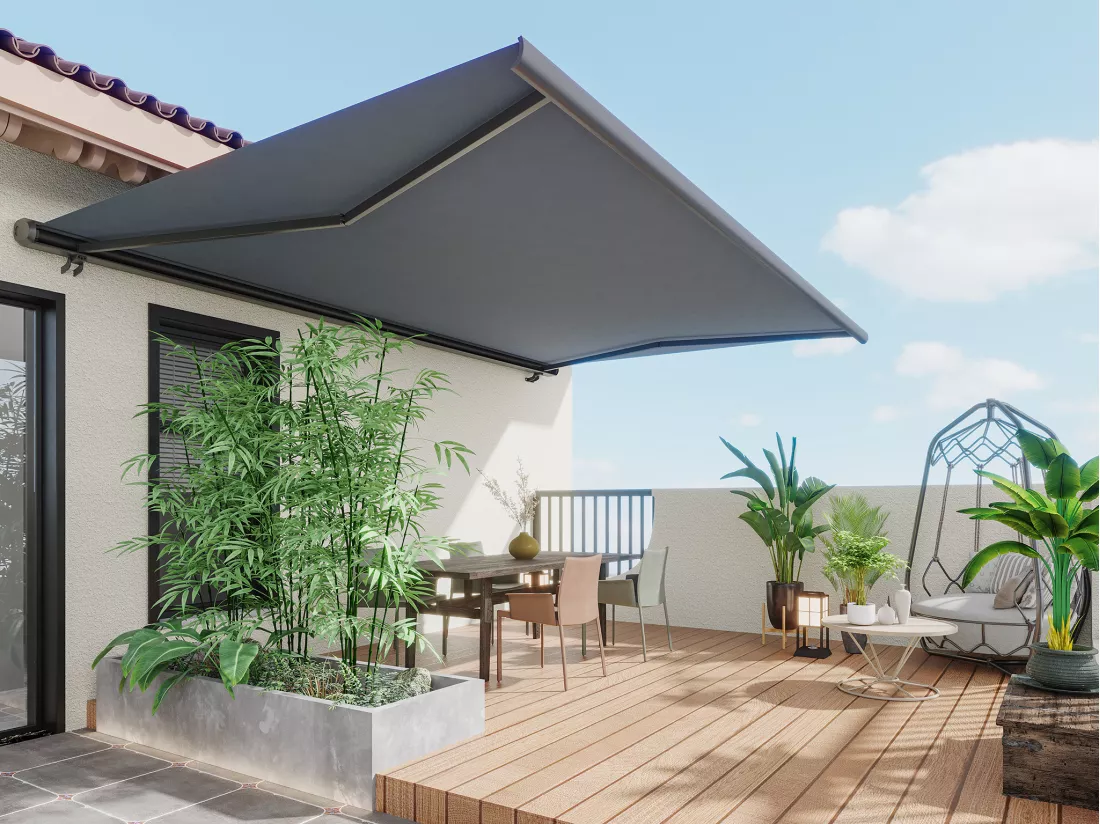 Store banne motorisé avec coffre intégral 5 x 3 m anthracite - CONSTELA