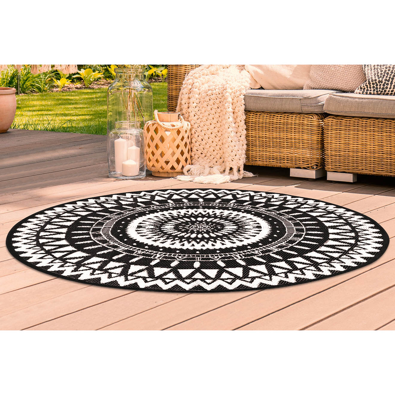 Pratik Garden Tapis extérieur rond Maori noir/blanc - D.150 cm