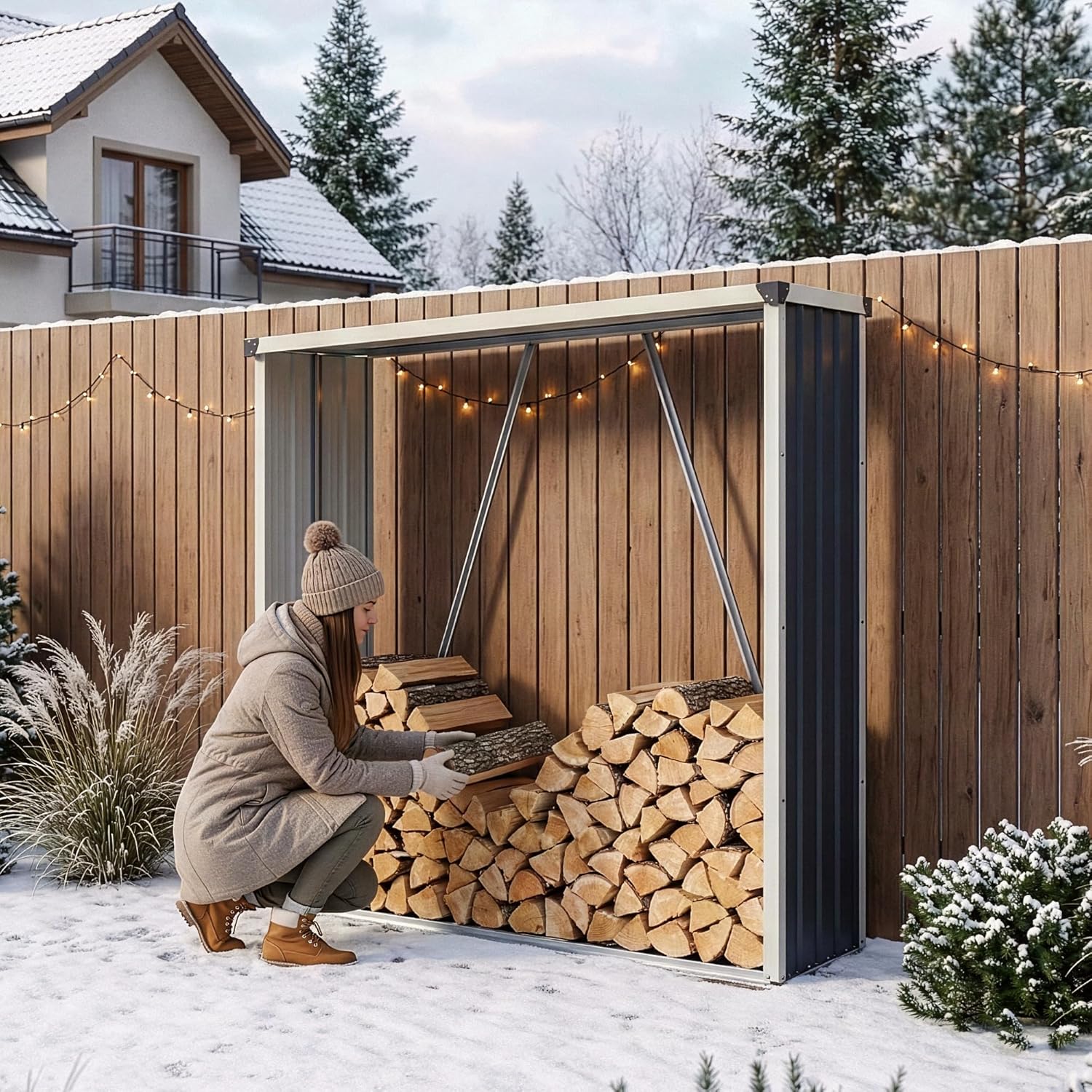 casa.pro Holzregal Kalmar Kaminholzregal Brennholzregal außen 158 x 47 x 152 cm Holzunterstand Holzlager wetterfest Stapelhilfe verzinkter Stahl Anthrazit