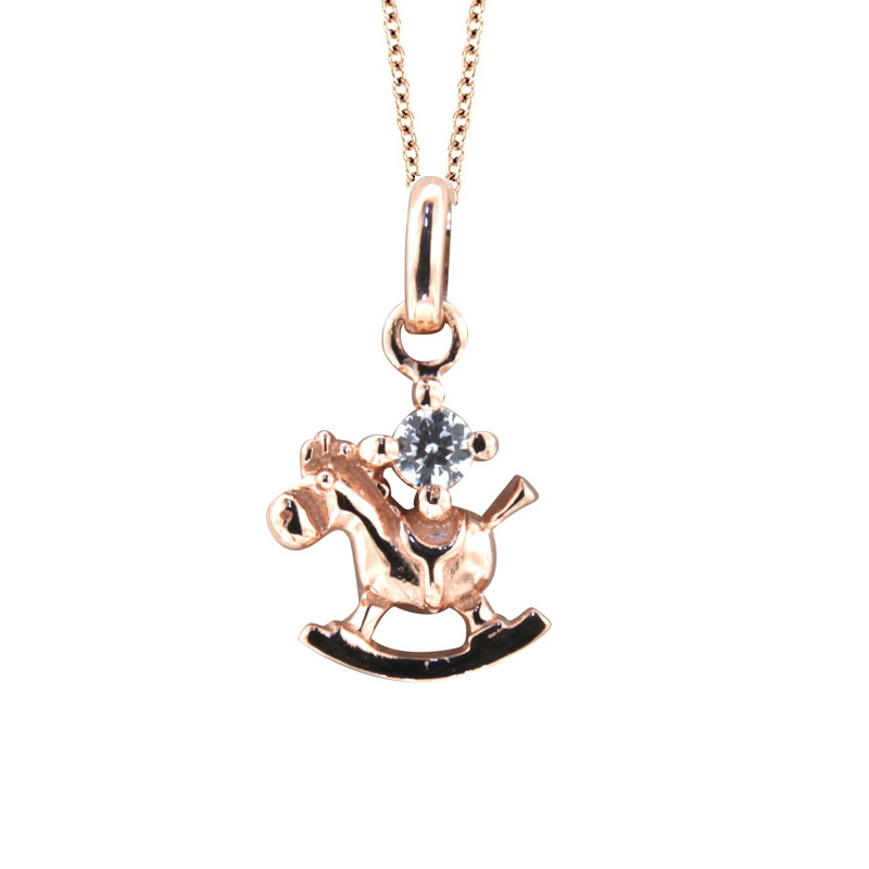 Pendentif Enfant cheval à bascule en Plaqué or rose orné de cristal de Swarovski Blanc