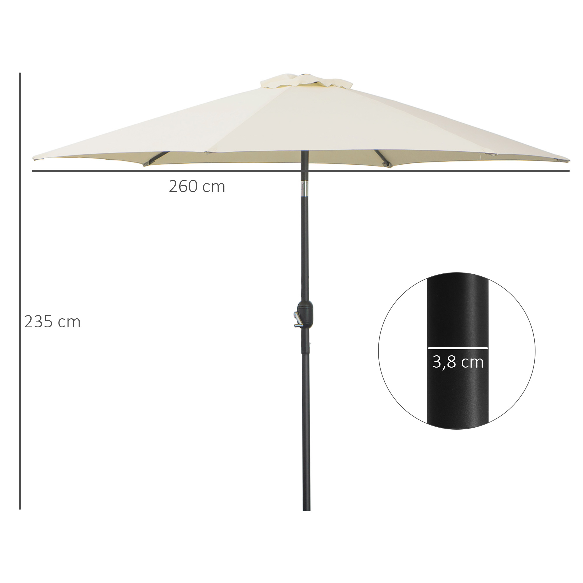 Guarda-sol de jardim Outsunny Ø260x235 cm em alumínio com manivela reclinável e 6 varetas para terraço e varanda, cor creme.