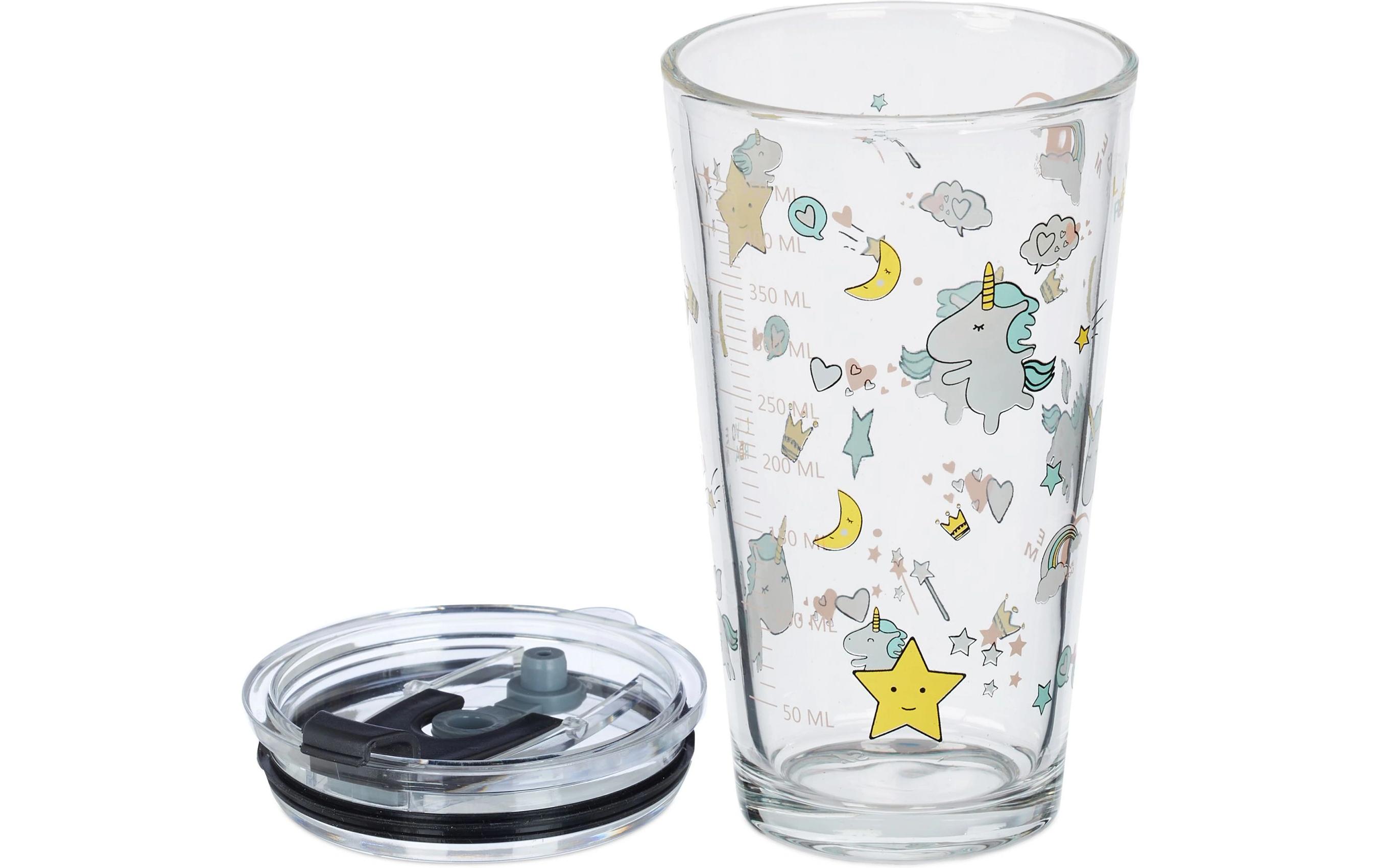 Kindertrinkglas Einhorn 4 Stück, 450 mlGlas mit Deckel und Strohhalm