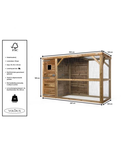 Voldux Volière Toon Links - Vogelverblijven - 300x120x190 cm Naturel