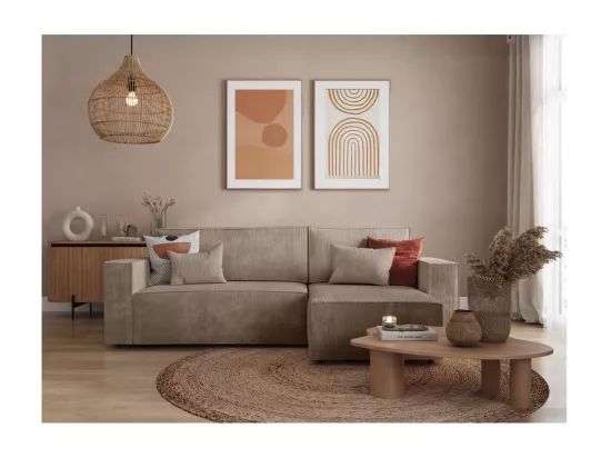 Canapé d'angle 3 places convertible réversible Clarisse avec coffre en velours côtelé - Taupe - L269 x P159 x H89cm - Loungitude