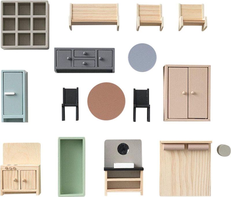 Retro - Houten Poppenhuis Meubels - 16-delige Set