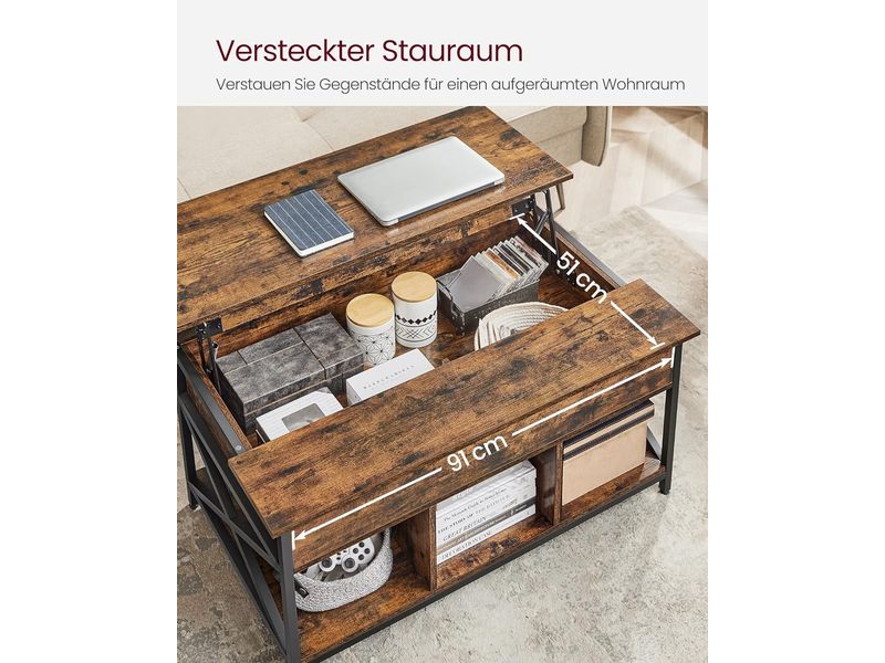 VASAGLE Couchtisch Industrial 100 x 48 cm/62 cm, Braun Höhenverstellbarer Couchtisch