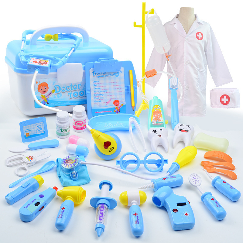 (35-tlg. Set) Kinder Spielzeug Zahnarzt Koffer Doktor Zubehör Lern Spielset mit Stethoskop / Thermometer / Infusion