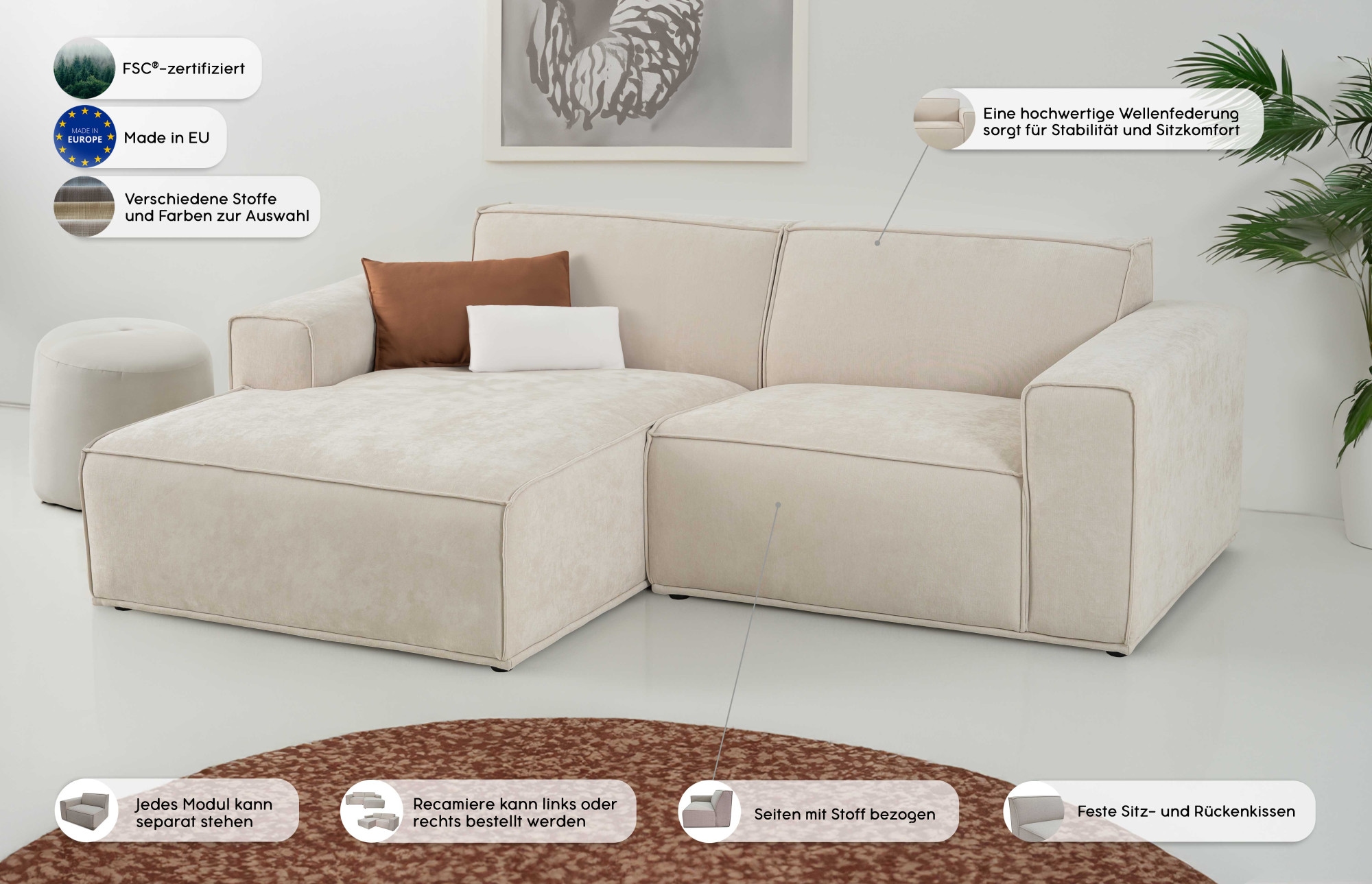 Home affaire Ecksofa »Avelin, 228 cm, L-Form, Chenille, Struktur-Boucle« mit Wellenunterfederung, Kedernaht, bodentief, Skandi-Design