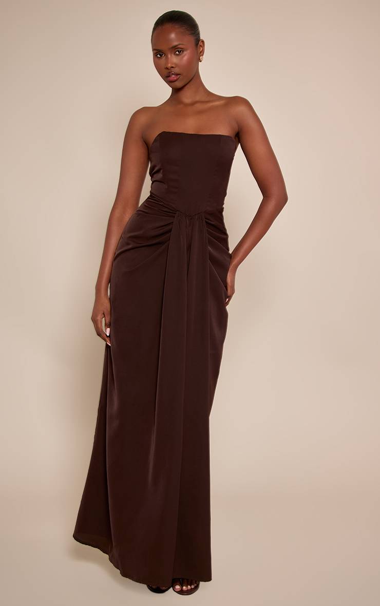 Chocolat Robe Maxi Bustier À Détails Drapés Et Corset