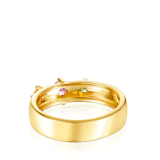 Anel deslumbrante com banho de ouro 18k sobre prata e safiras multicoloridas.