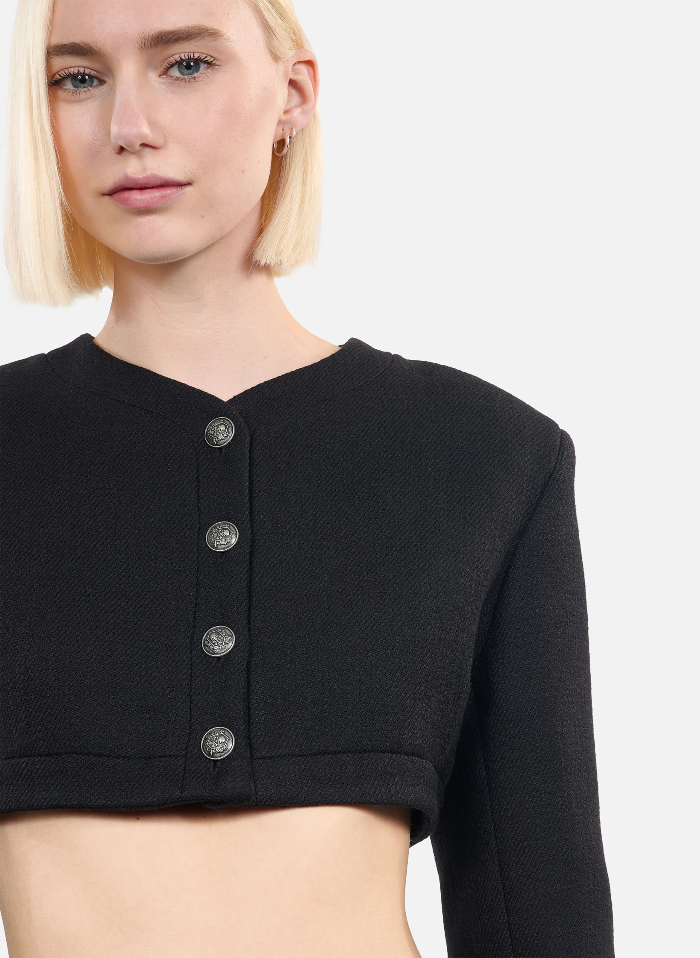 Veste col rond droite en laine et coton mélangé | Noir