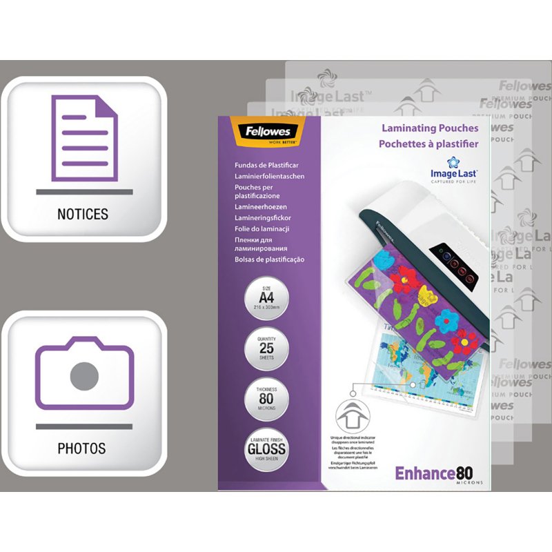 Pochettes de plastification Fellowes A4 2 x 80 µ brillantes - Boite de 25