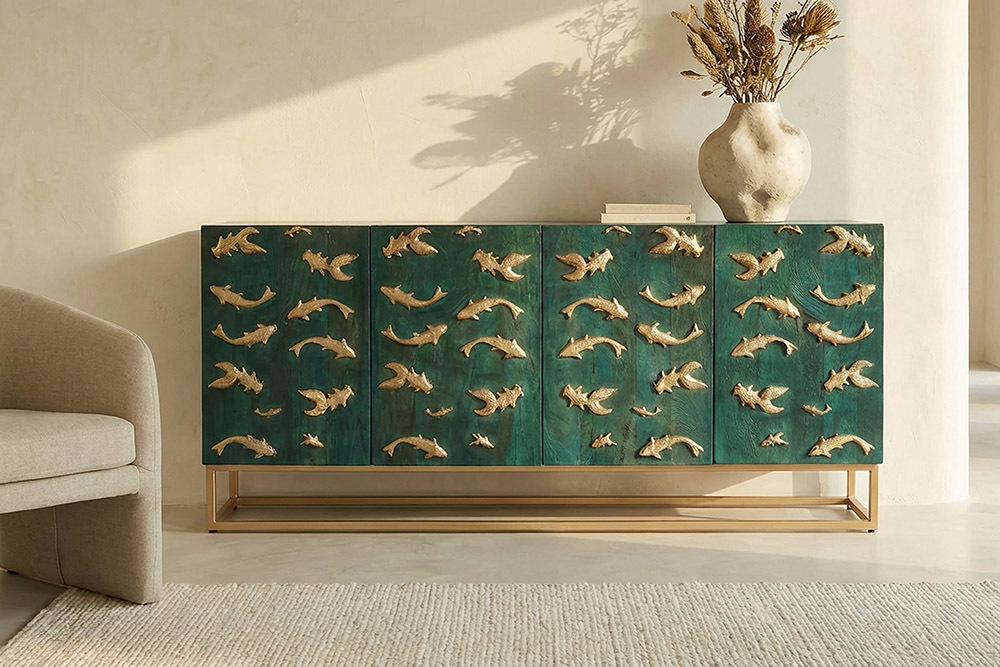 Massives Sideboard GOLDEN LAGOON 180cm türkis gold Mangoholz Metall 3D-Front